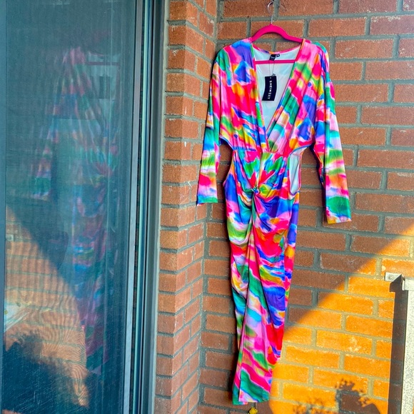 SHEIN Sxy Plus Allover Print Twist Front Cut Out Waist Split Thigh Dress - Picture 1 of 1